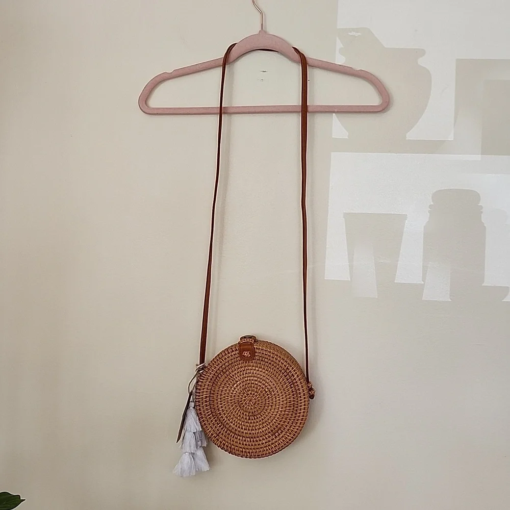 Handcrafted in Vietnam Woven Circle Crossbody Bag Leather Accents Boho Beachy